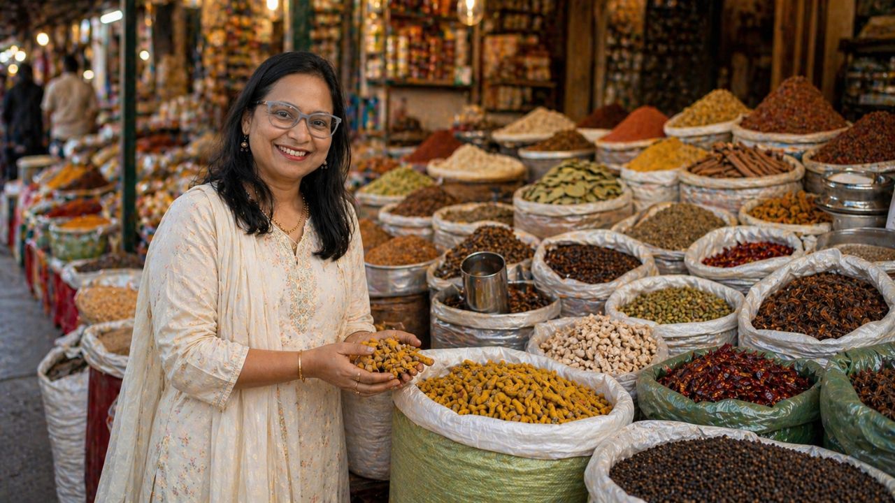 Aparajita at the spice market sourcing the ingredients