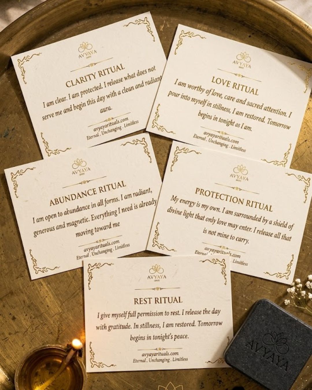 Avyaya affirmation cards flat lay